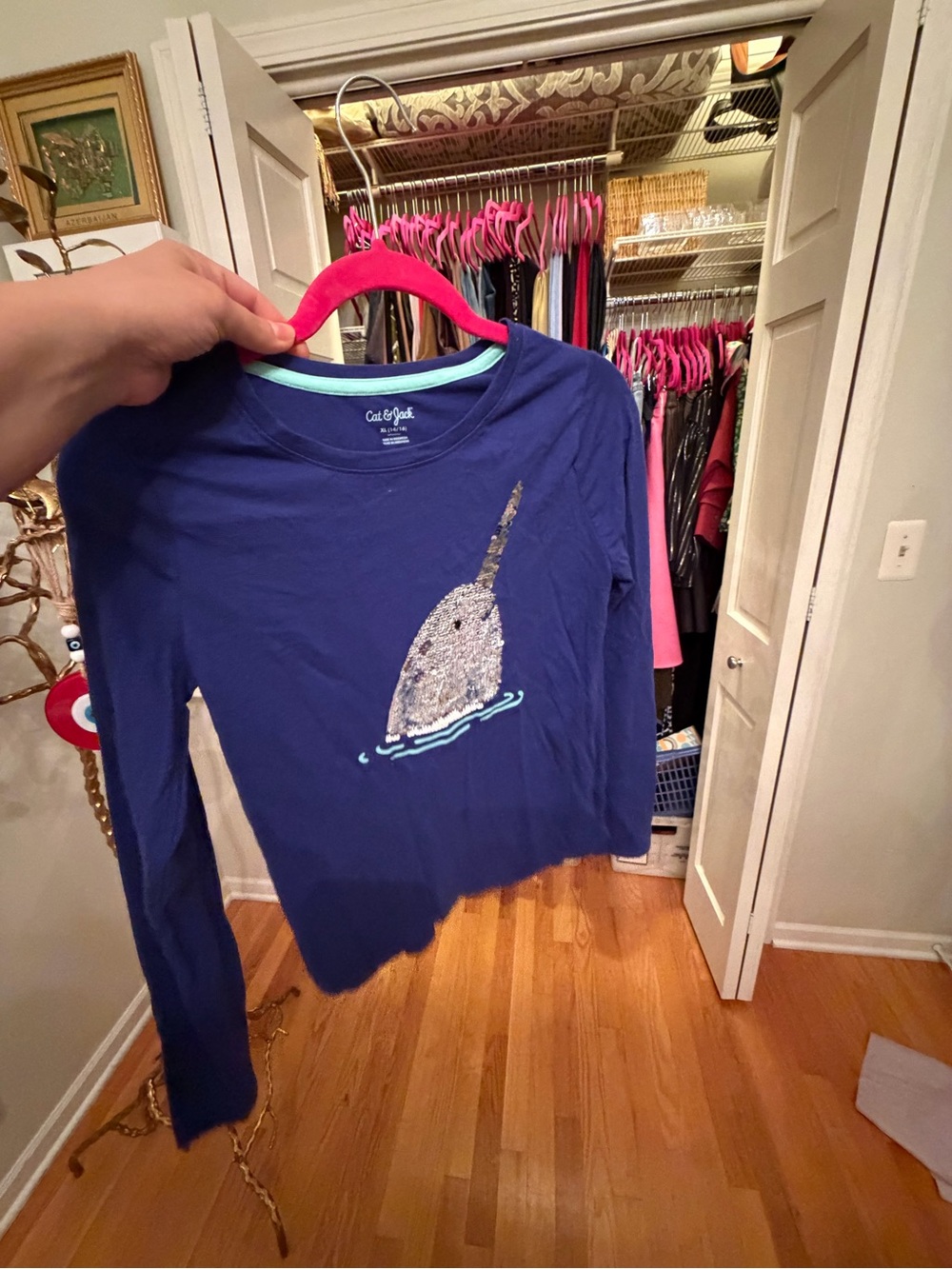 Cat & Jack Navy Long-Sleeve Sequin Narwhal Tee